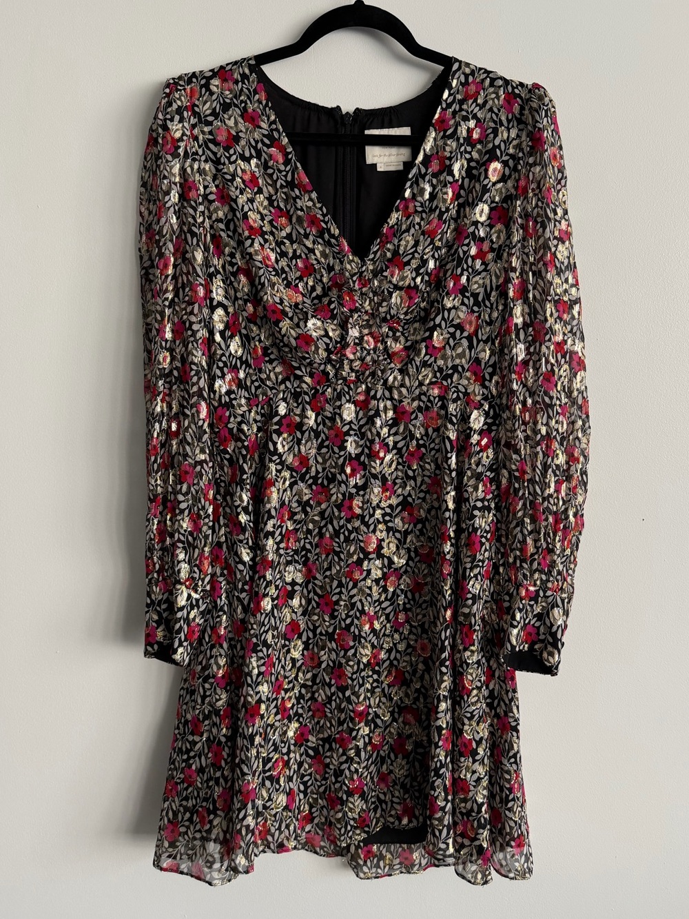 kate spade Black Long-Sleeve Floral V-Neck Dress with Pink and Cream Blooms